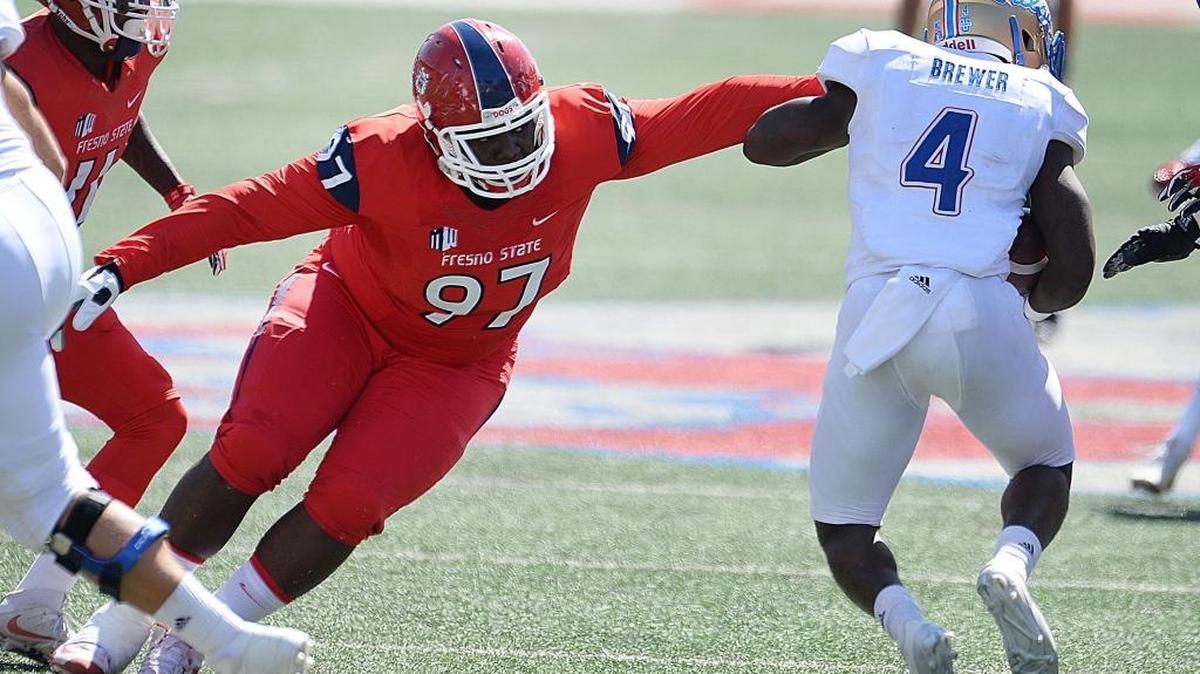 Fresno State’s Malik Forrester, here trying to put a stop on Tulsa’s D’Angelo Brewer in a September 2016 game, got his nickname Butterscotch from teammate Nate Madsen. “Nobody else called me it. But he finally got laughs from one of his jokes so he decided to ride with it.”