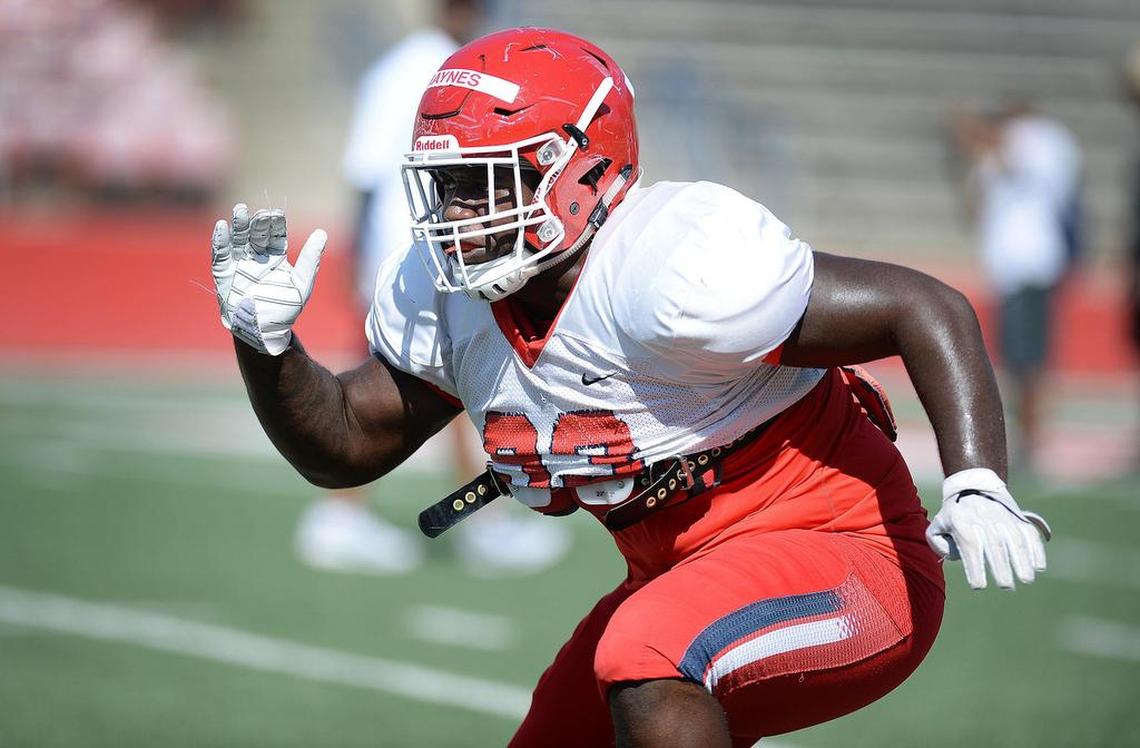 Fresno State defensive tackle Jasad Haynes runs drills during a Bulldogs’ practice. Haynes, who was a sixth-string walk-on when he arrived at Fresno State from Clovis North, will make his first career start in the opener against Idaho at Bulldog Stadium, Saturday, Sept. 1, 2018.