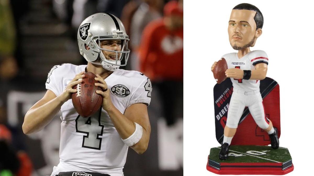 A Derek Carr bobblehead in his Fresno State uniform is ready to be shipped by the National Bobblehead Hall of Fame and Museum. The $40 bobblehead is produced by Forever Collectibles.