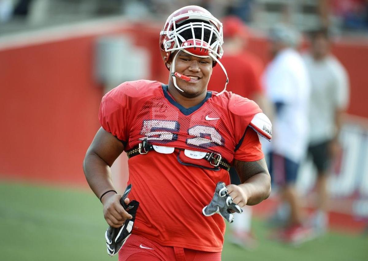 Netane Muti in Fresno State fall camp. The redshirt freshman, who missed last season with an Achilles’ tendon injury, has started every game for the Bulldogs at left guard. Muti and the Bulldogs play next at Hawaii – the program Muti guard originally signed a national letter of intent with before ending up at Fresno State.