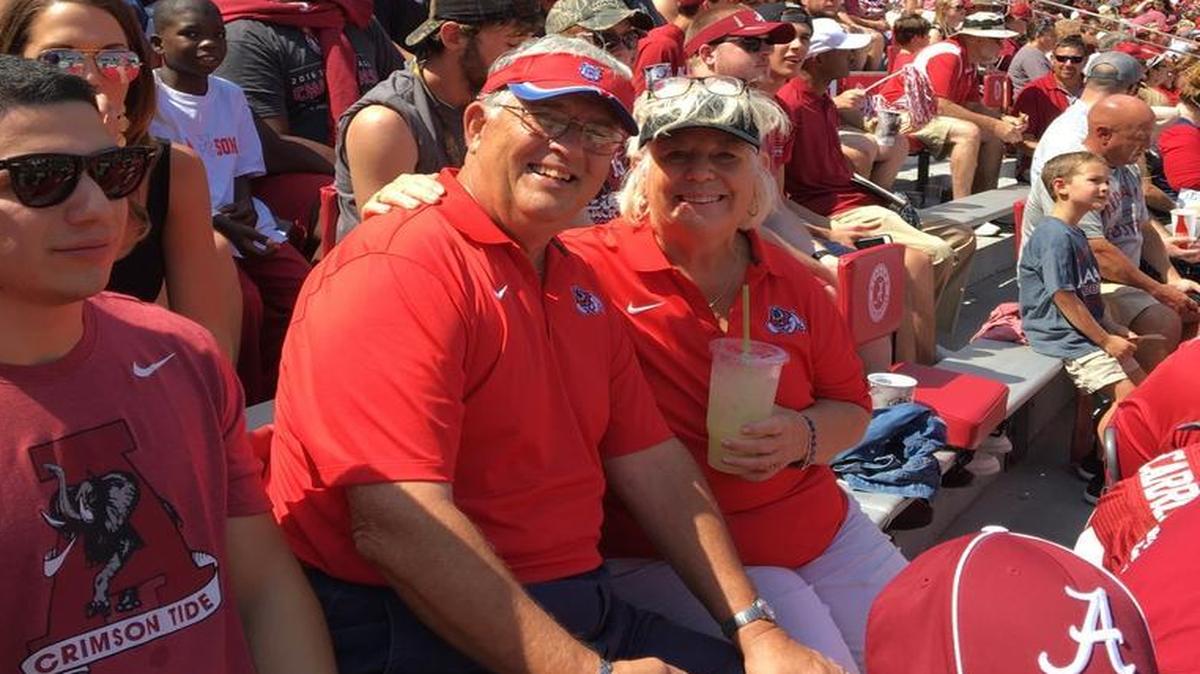 Norm and Lee Clark of Fresno enjoy their third-row seats in the 40-yard line Saturday, Sept. 9, 2017, at Bryant-Denny Stadium in Tuscaloosa, Alabama. They were among the Bulldogs fans on hand to see Fresno State take on the No. 1 Crimson Tide.