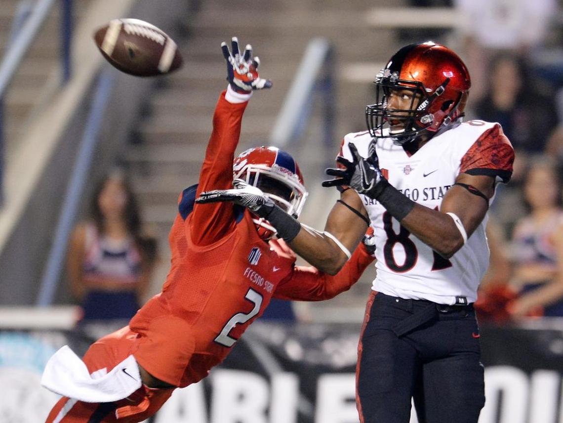 Fresno State cornerback Jamal Ellis knocks a pass attempt away from San Diego State receiver Eric Judge in the first half of their game at Bulldog Stadium Friday, Oct. 14, 2016.