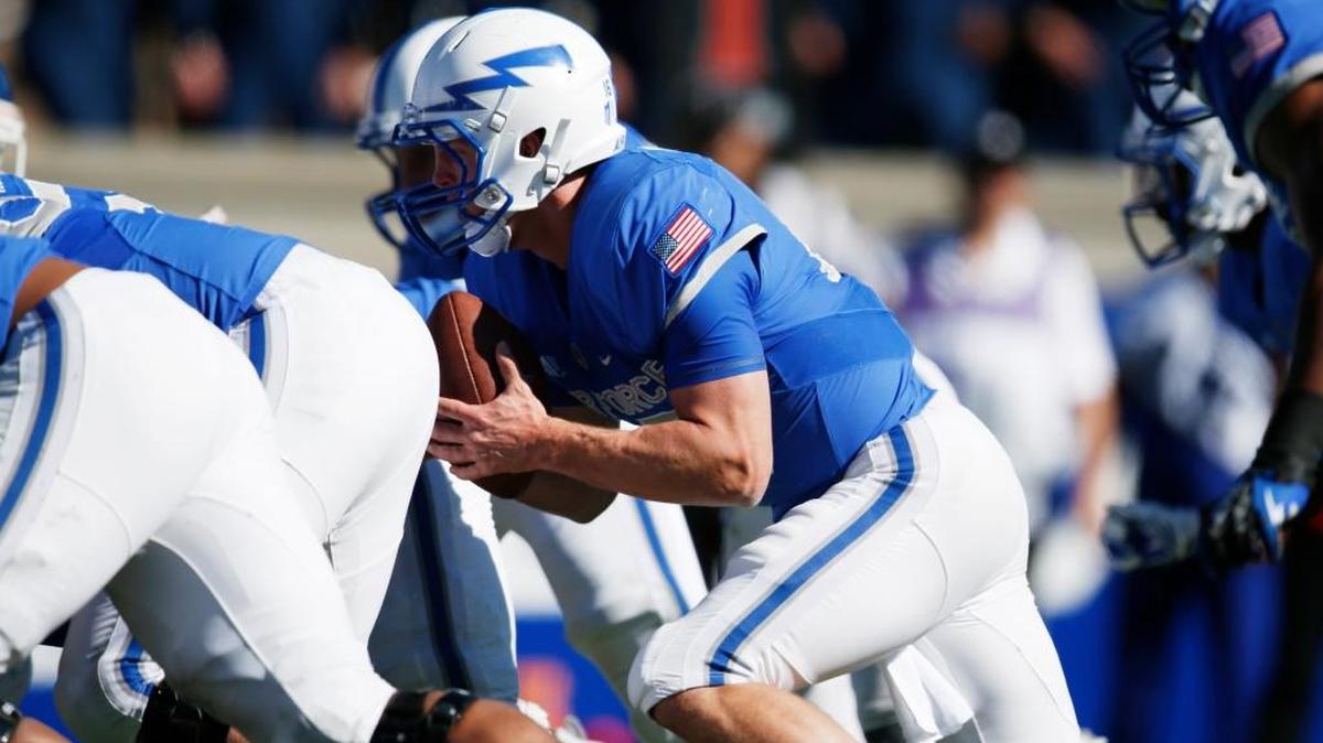 Air Force quarterback Karson Roberts rushes for a 1-yard touchdown against Fresno State in the second half a Mountain West Conference game in Colorado Springs, Colo. Air Force, helped by Roberts’ four rushing touchdowns, overcame an early 14-0 deficit and beat the Bulldogs 42-14.