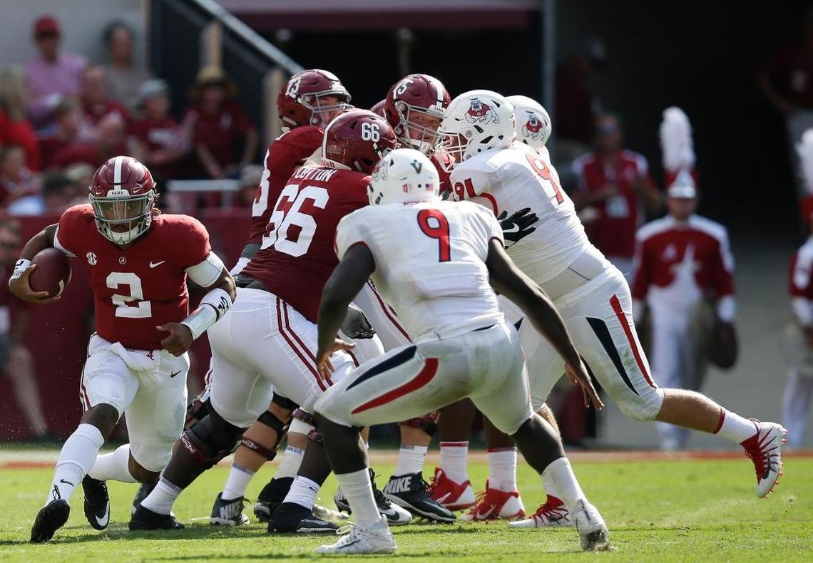 Fresno State linebacker Jeffrey Allison lines up a tackle Alabama quarterback Jalen Hurts on Sept. 9, 2017, in Tuscaloosa, Ala. The Bulldogs have struggled the past few seasons against more physical Power 5 opponents.