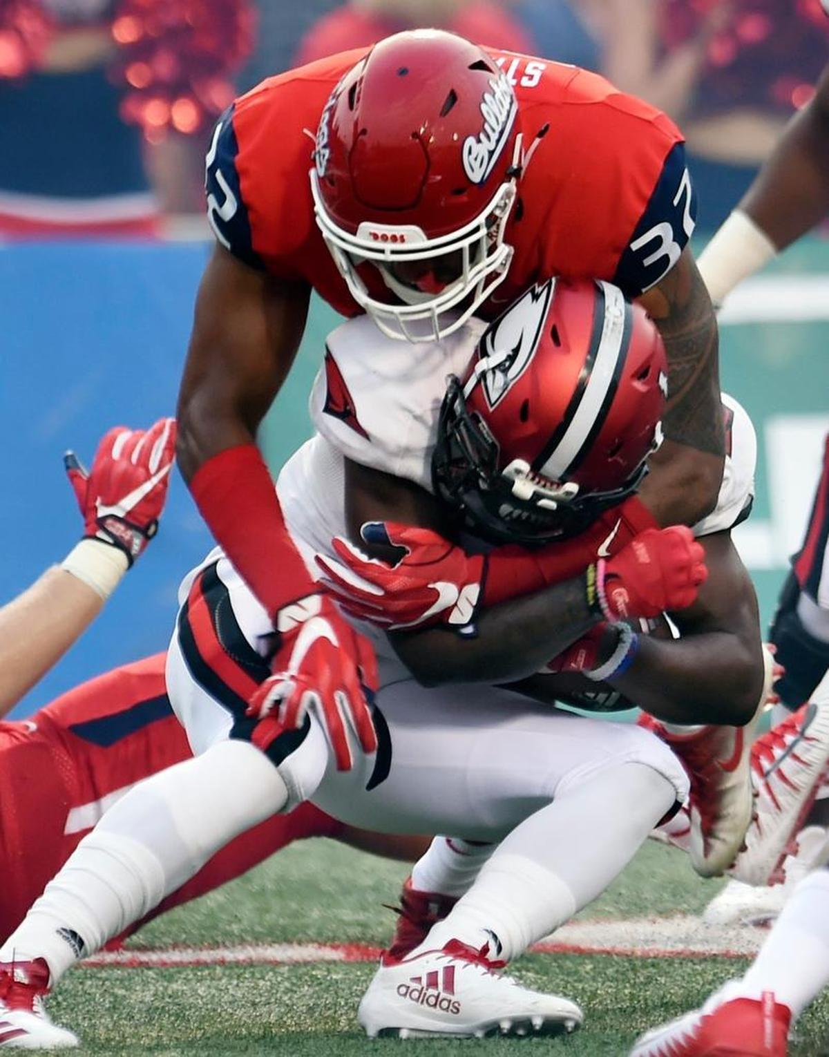 Fresno State defensive end Robert Stanley take down Incarnate Word running back Desmond Hite in the Bulldogs' 66-0 season-opening victory, Saturday, Sept. 2, 2017 in Fresno. The Bulldogs’ defense is leading the Mountain West Conference in scoring defense, allowing just 17.3 points per game.