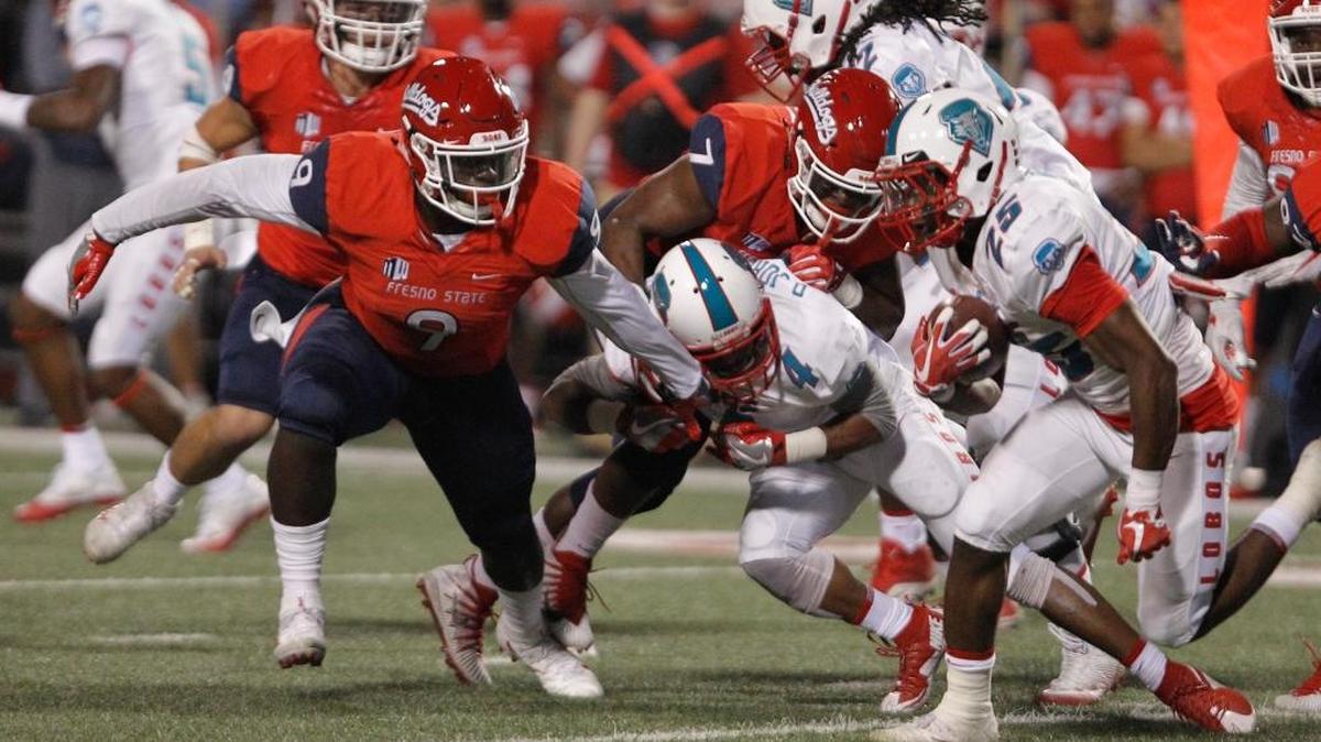 Fresno State linebacker Jeff Allison lines up a shot at New Mexico running back Tyrone Owens during the Bulldogs’ 38-0 victory on Oct. 14. Allison enters his junior season as one of the top linebackers in the Mountain West, a returning first-team all-conference selection.