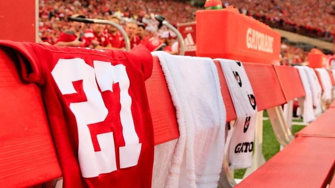 Sam Foltz’s No. 27 jersey is draped on the bench during Nebraska’s season-opener against Fresno State on Saturday. Foltz, the team’s punter, was killed in a car crash in July.