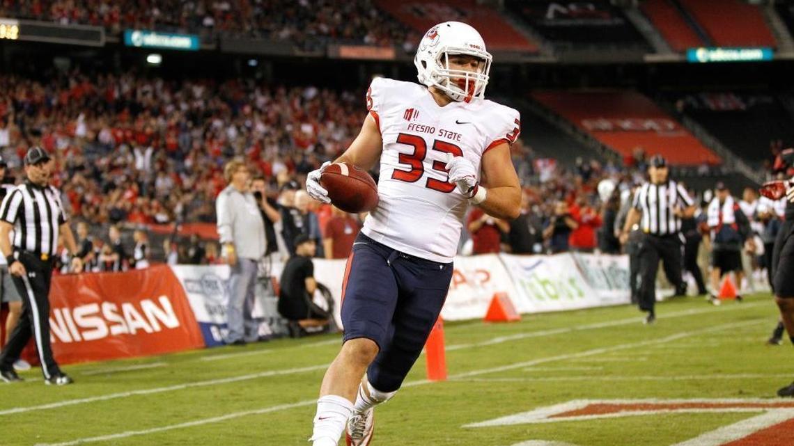 Fresno State’s Josh Hokit scores on a 26-yard touchdown run during the second quarter against San Diego State at SDCCU Stadium in San Diego on Saturday, Oct. 21, 2017. The Bulldogs’ back scored three touchdowns in the Bulldogs’ victory, becoming the first Fresno State player with three rushing touchdowns in a game since Ryan Mathews in a win at Illinois in 2009.