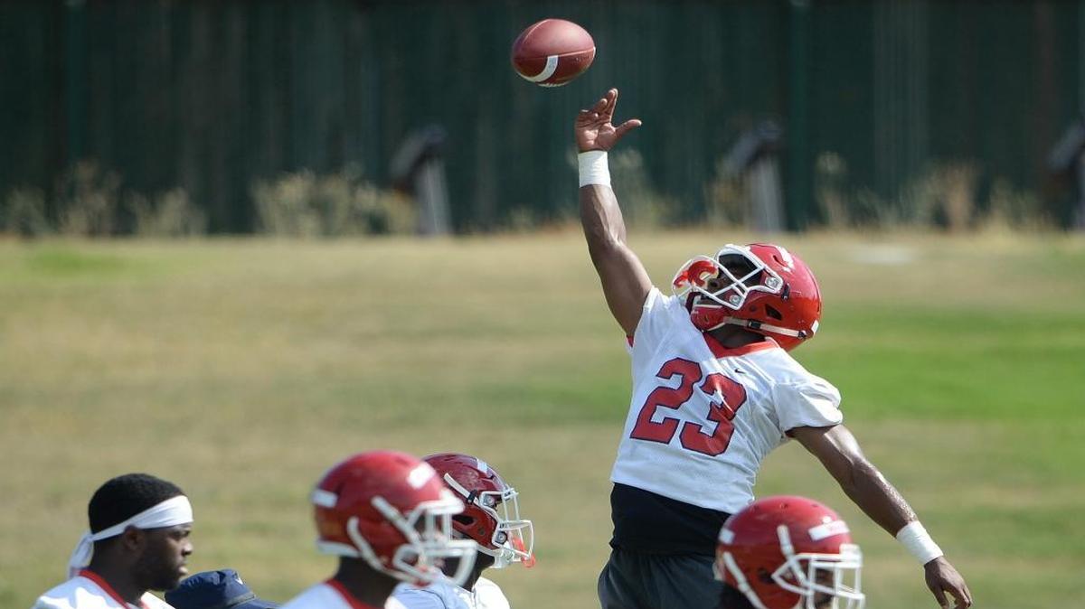 Fresno State safety Juju Hughes reaches for a high pass during a fall camp practice. Hughes, a Hanford High product, was honored as the defensive player of the week in the Mountain West Conference after racking up six tackles including two tackles for loss, one sack, one interception and one forced fumble in the Bulldogs’ 27-10 victory at San Jose State.