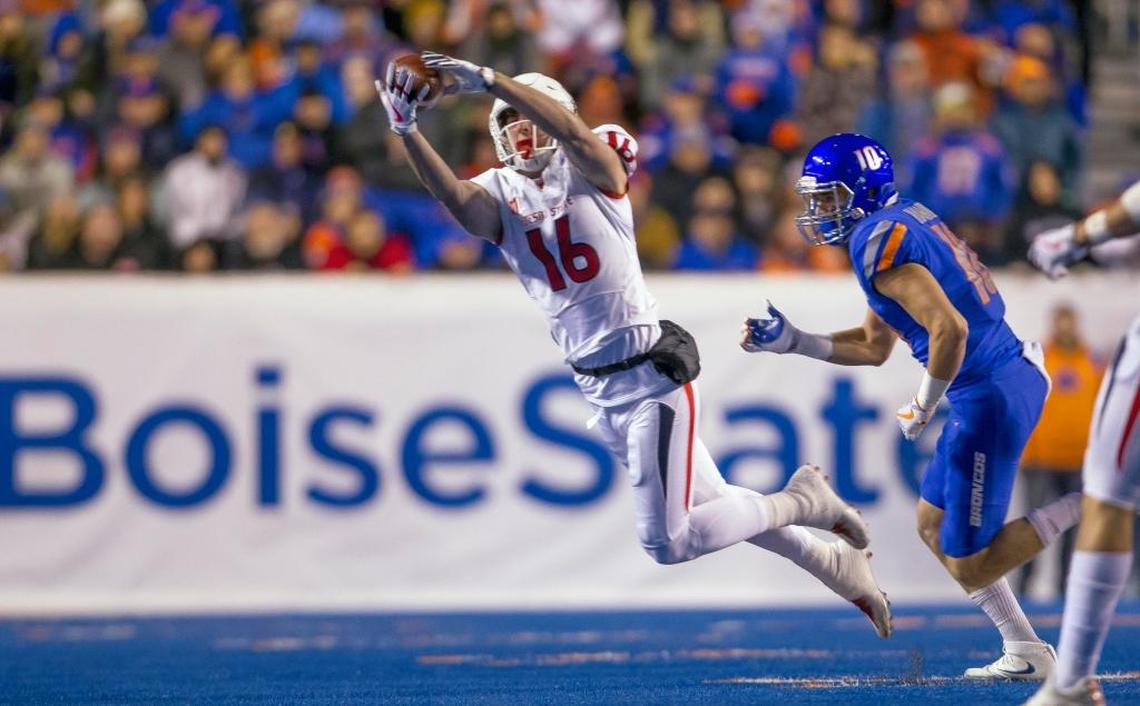 Fresno State tight end Jared Rice (16) pulls in a pass in the 2017 Mountain West Conference championship game. Rice started to emerge as a threat in the back-to-back games against Boise State that season then had a breakout year in 2018 that has earned national notice.