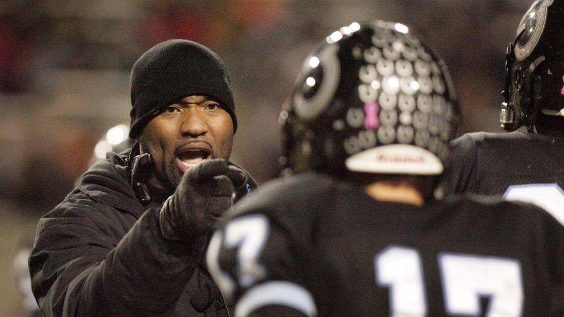 Cory Hall talks to his Clovis North High School players during the Broncos’ run to the 2012 Central Section Division 1 football championship. Monday, Oct. 9, 2017, Hall was named head coach at Edison High.