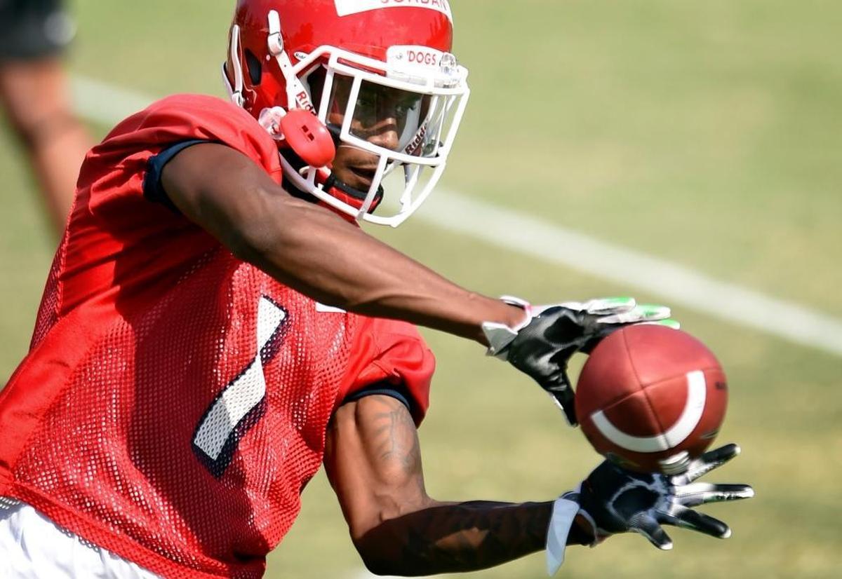 Fresno State wideout Jamire Jordan works through a drill in fall camp. Jordan had four receptions for 91 yards in the Bulldogs’ 28-17 victory over Boise State in the final game of the regular season.