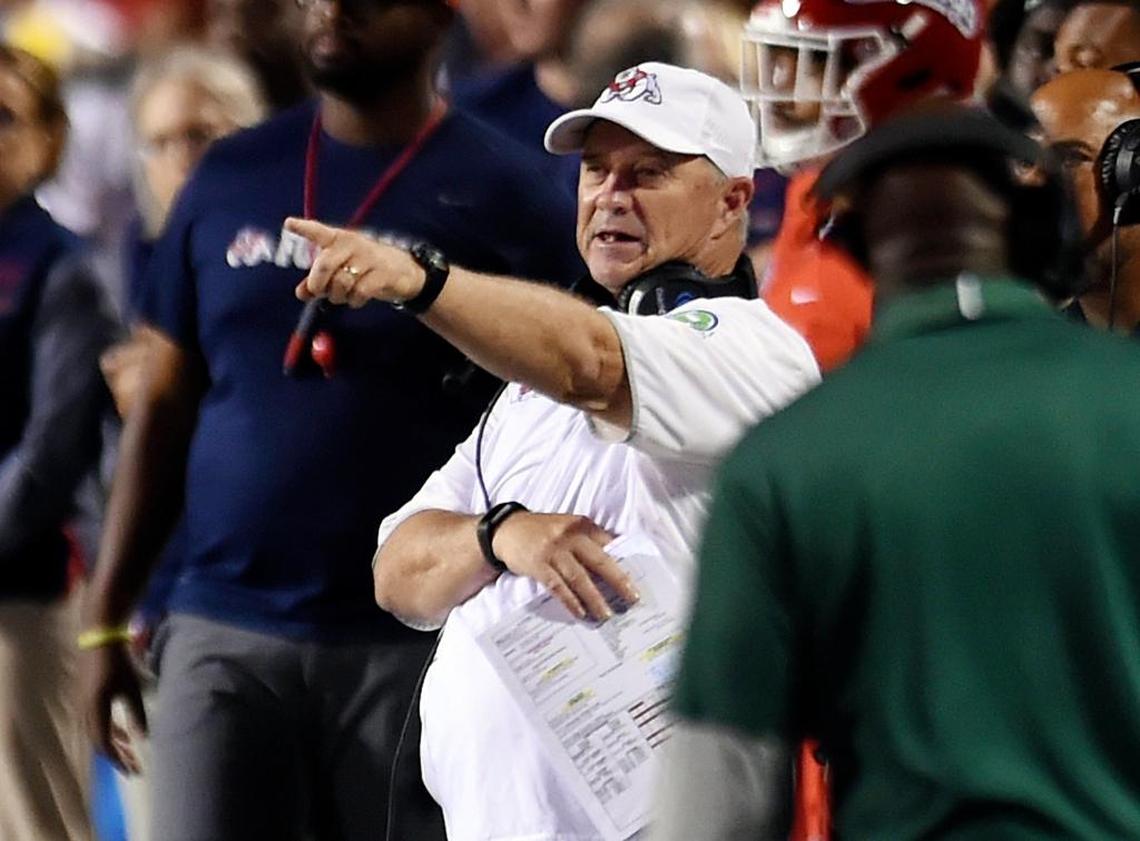Fresno State coach Jeff Tedford motions out to the field during the game against the Nevada Wolf Pack Saturday, Sept. 30, 2017 in Fresno. Fresno State won 41-21, its first victory over a FBS or Mountain West Conference opponent since a win at Hawaii in 2015.
