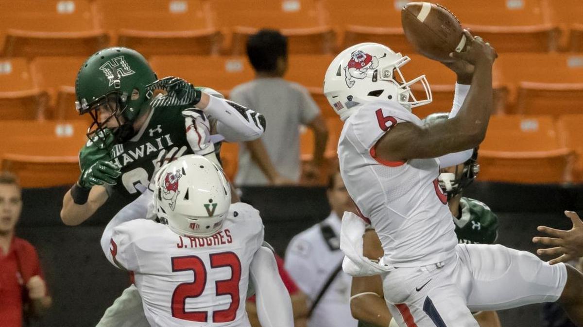 Fresno State cornerback Tank Kelly (6) makes an interception last season in a victory over Hawaii. The senior was selected first-team All-Mountain West Conference on Wednesday, Nov. 28, 2018. Fresno State had four first-team selections, six second-team selections and four players gain honorable mention.