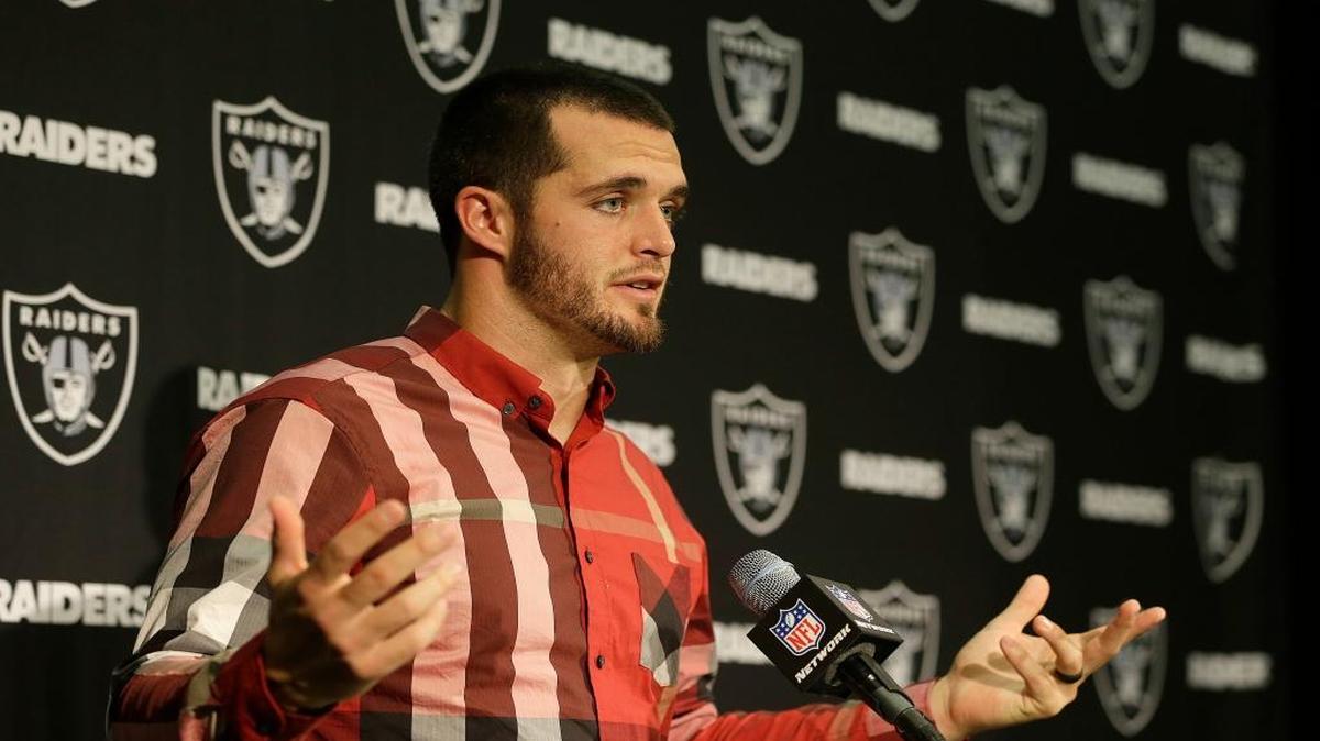 Oakland Raiders quarterback Derek Carr speaks during a news conference after an NFL football game against the Kansas City Chiefs in Oakland, Calif., Thursday, Oct. 19, 2017. (AP Photo/Ben Margot)