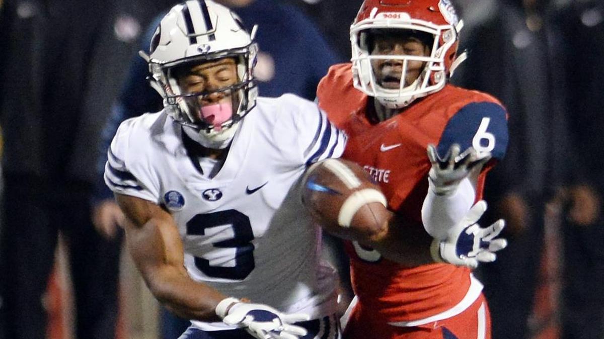 Fresno State cornerback Anthoula Kelly breaks up a pass intended for Brigham Young’s Jonah Trinnaman during the first half of the Bulldogs’ 20-13 victory at Bulldog Stadium on Nov. 4, 2017. Kelly will be playing against his hometown team, Houston, in the Hawaii Bowl.