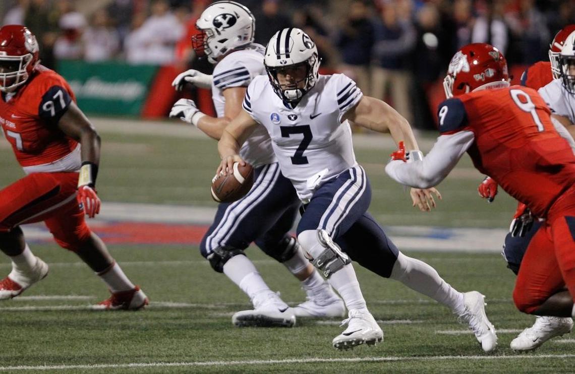 Fresno State linebacker Jeffrey Allison closes on BYU quarterback Beau Hoge in the Bulldogs’ 20-13 victory over the Cougars at Bulldog Stadium, Saturday, Nov. 4, 2017. Allison and the Fresno State defense are leading the Mountain West in third-down defense, allowing opponents to convert on only 32.8 percent of their third down plays.