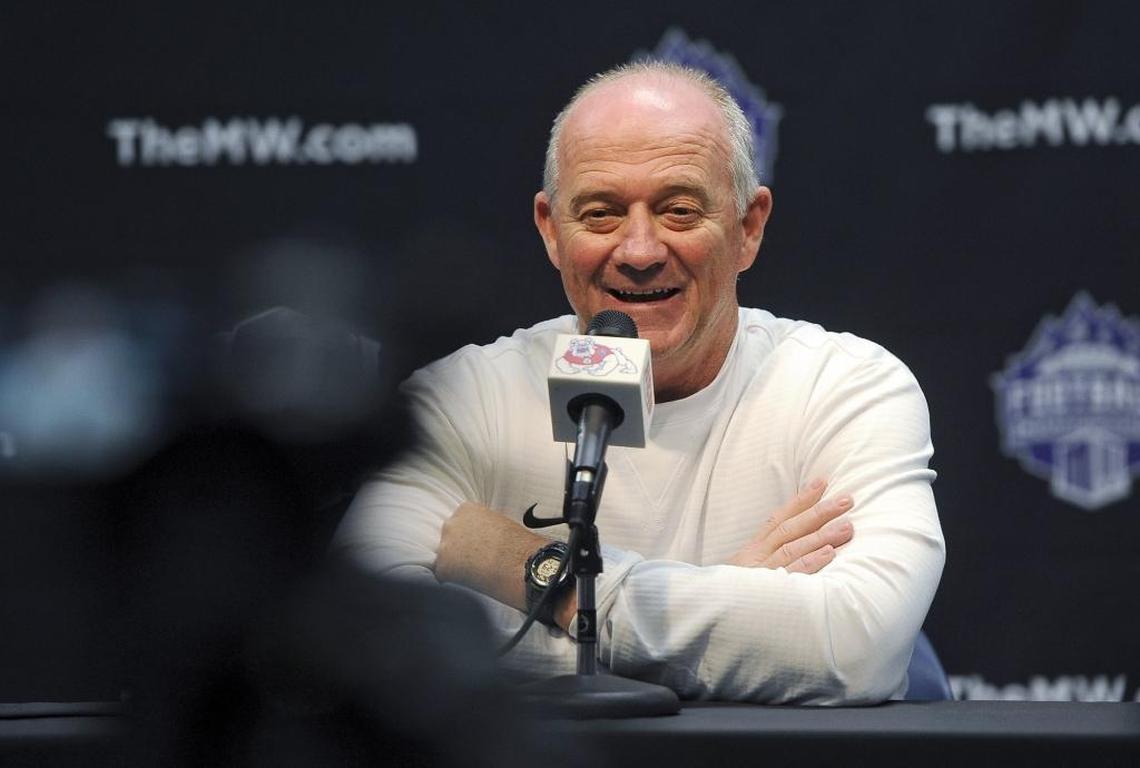 Fresno State coach Jeff Tedford laughs near the end of a press conference Monday morning, Nov. 27, 2017 in Fresno, discussing the upcoming Mountain West Conference championship game against Boise State at Albertsons Stadium in Boise.
