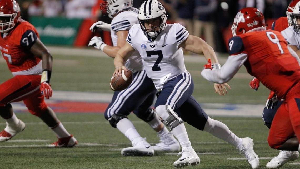 Fresno State linebacker Jeffrey Allison closes in on BYU quarterback Beau Hoge in the second quarter of the Bulldogs’ 20-13 victory, Saturday, Nov. 4, 2017. Allison, who matched a career-high with 14 tackles and recovered a fourth-quarter fumble, was honored as the Mountain West Conference defensive player of the week. Allison also had 14 tackles in a loss at No. 1 Alabama.