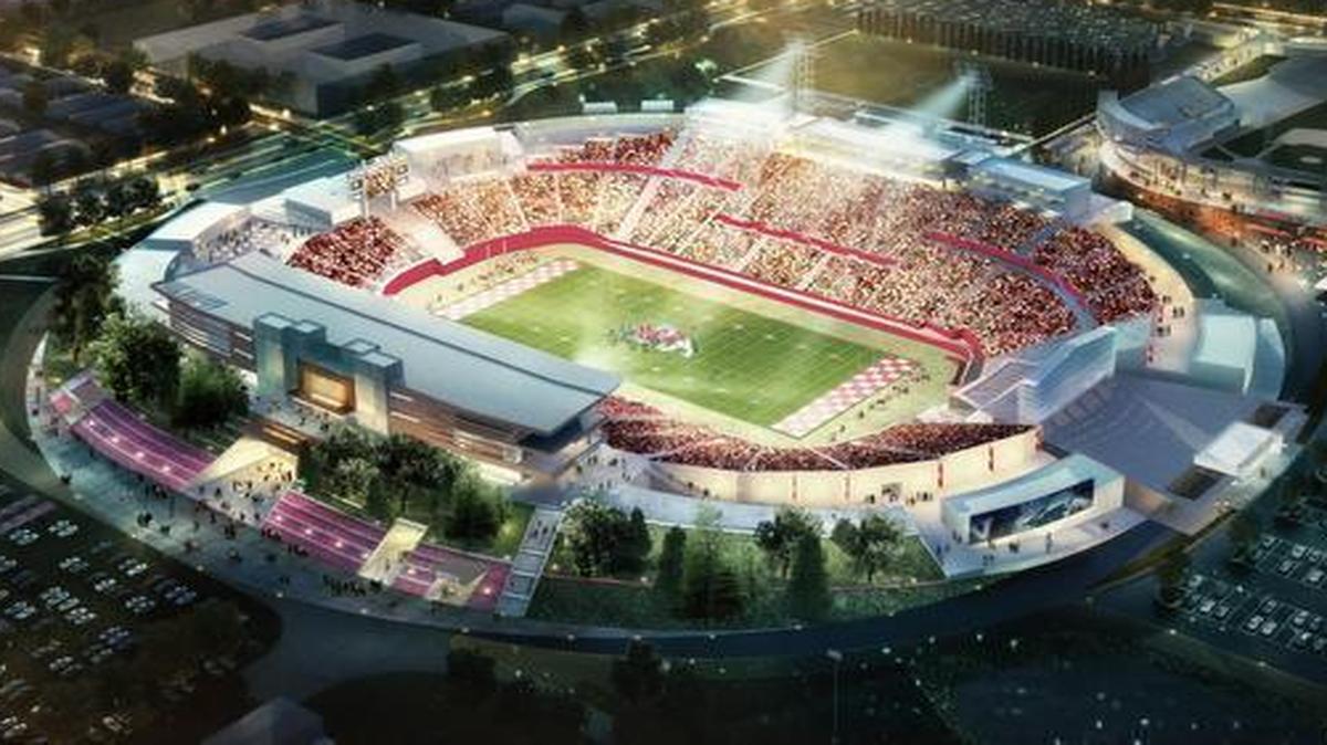 An artist’s rendering released by Fresno State last June shows a renovated Bulldog Stadium. Fresno State has been moving forward with its plans to renovate the stadium, installing new fencing along Barstow and Cedar avenues and Bulldog Lane with branding elements to follow.