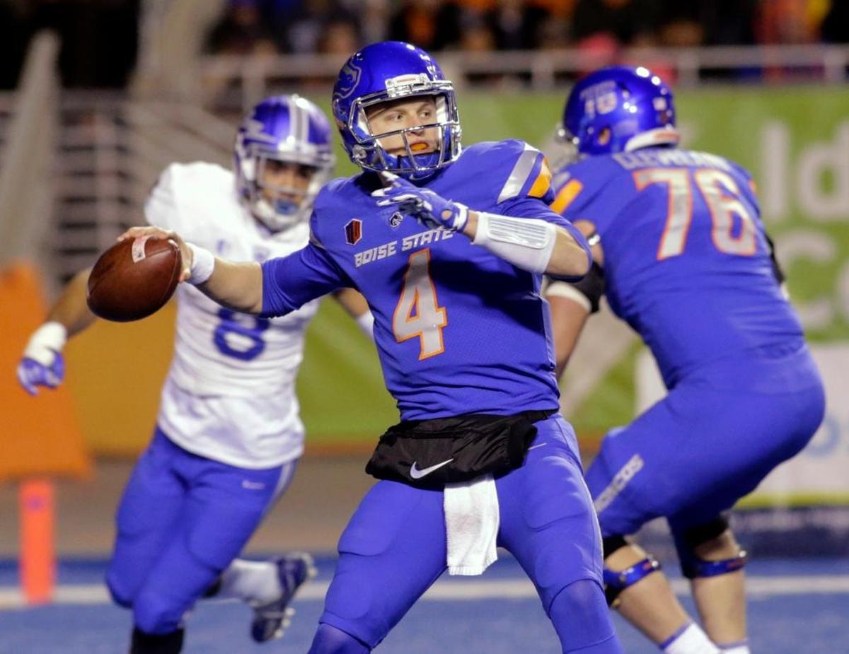 Boise State quarterback Brett Rypien (4) fires a pass in a 44-19 victory over Air Force, Saturday, Nov. 18, 2017, in Boise, Idaho. Over the past four games, Rypien has thrown 12 touchdown passes and only one interception.
