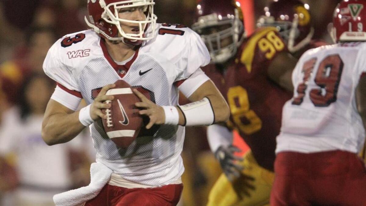 Fresno State quarterback Paul Pinegar went 27 of 45 for 317 yards and four touchdowns against No. 1 USC but also threw four interceptions as the Trojans hung on for 50-42 victory on Nov. 19, 2005, at the Los Angeles Memorial Coliseum.