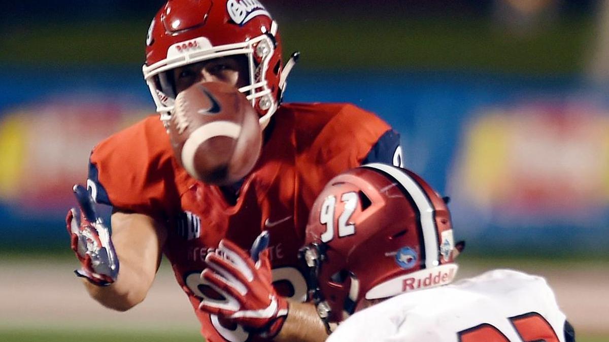 Fresno State tight end Kyle Riddering makes a catch against Incarnate Word. Of last week’s loss to UNLV, Riddering says, “Coming in the next day and watching the film, really getting to see what we did, that just helped us realize how important those details are and how we need to be locked in on what we’re doing in all the small things in all phases of the game.” Riddering this season has five receptions for 46 yards and one touchdown.