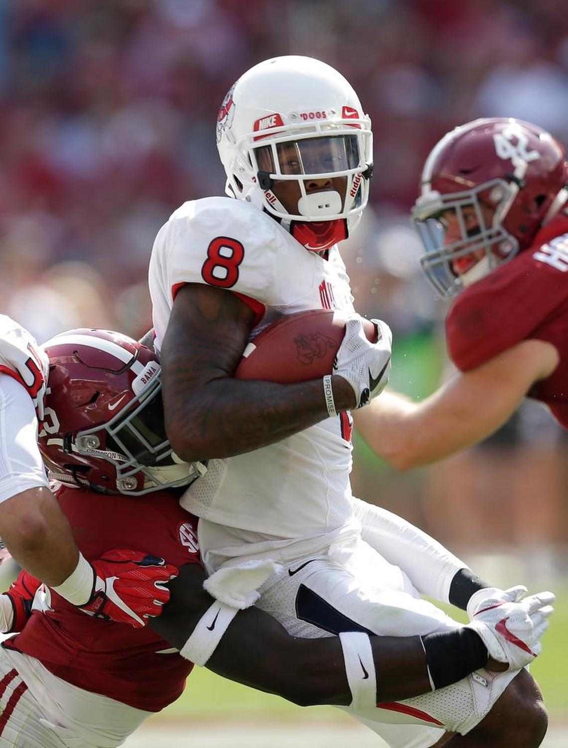 Fresno State’s Da’Mari Scott had a 63-yard kickoff return in the fourth quarter of the Bulldogs’ 41-10 loss at Alabama last week. Fresno State has not had a kickoff reeturn go for a touchdown since 2008.