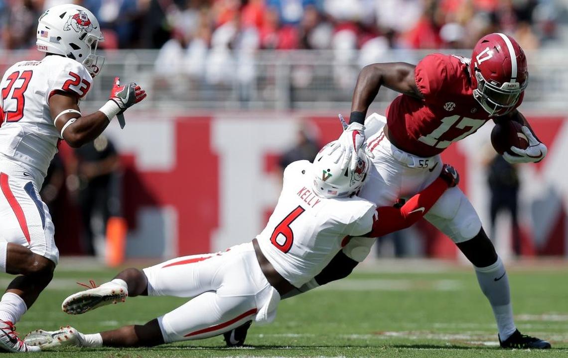 Fresno State cornerback Anthoula Kelly brings down Alabama wide receiver Cam Sims in the first half of the Sept. 9 game. The Bulldogs rank fifth in the Mountain West Conference in total defense despite playing two games against Top 10 teams, No. 1 Alabama and No. 6 Washington.