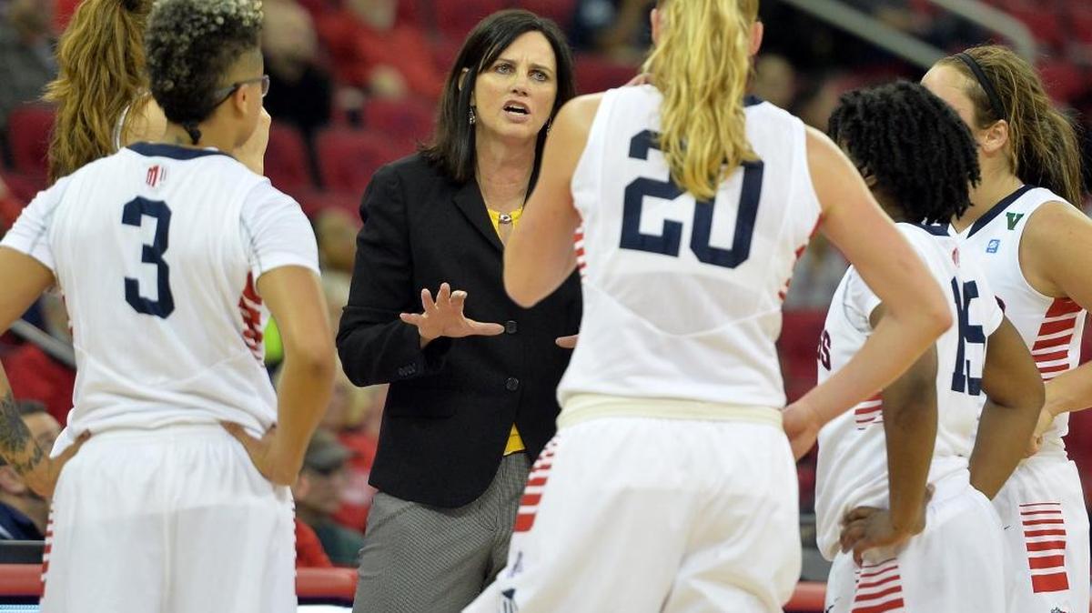 Fresno State coach Jaime White addresses the team during a timeout against San Diego State on Wednesday at Save Mart Center. The Bulldogs (10-7, 6-0 Mountain West) host Air Force at 2 p.m. Saturday.