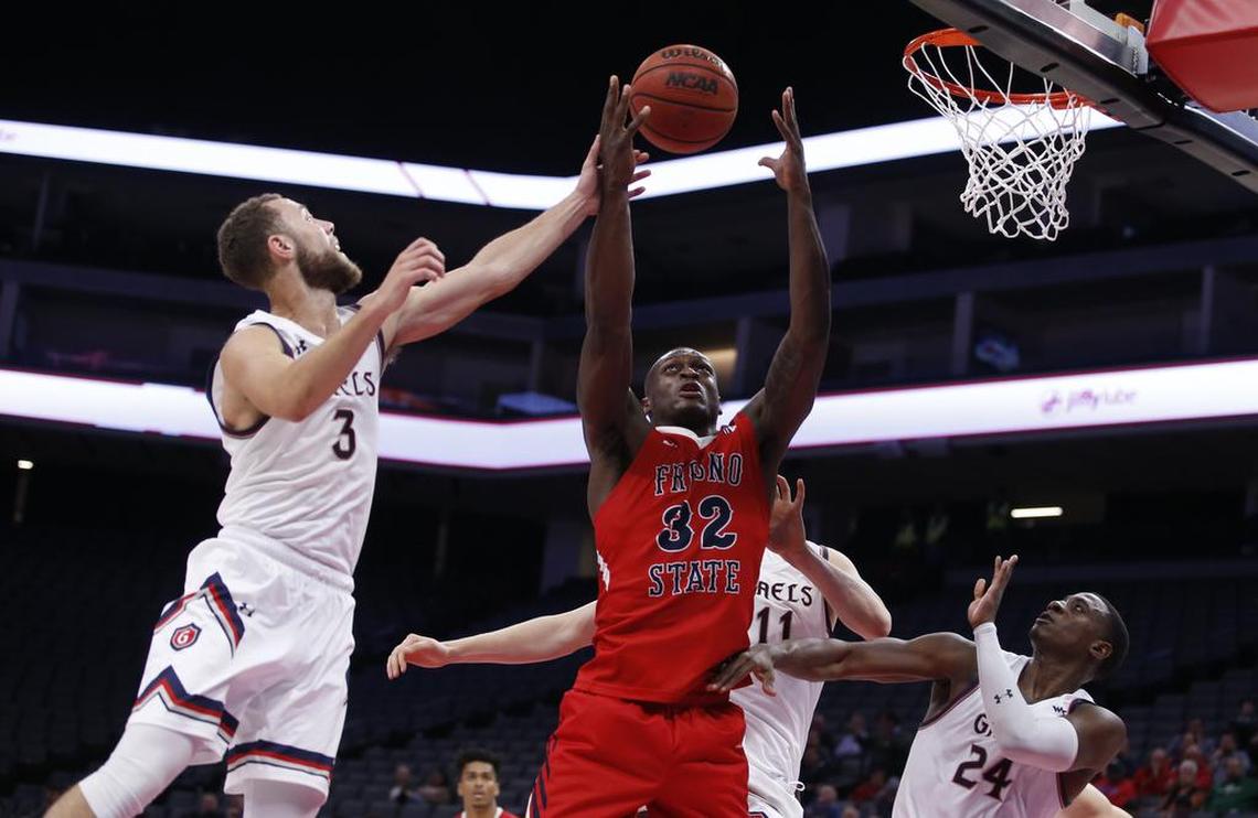 Fresno State forward Nate Grimes, seen in action against Saint Mary’s, scored 23 points with 12 rebounds and three blocked shots in the Bulldogs’ 62-37 victory at Cal Poly Saturday Dec. 14, 2019. Fresno State allowed only three field goals and 16 points in the second half.
