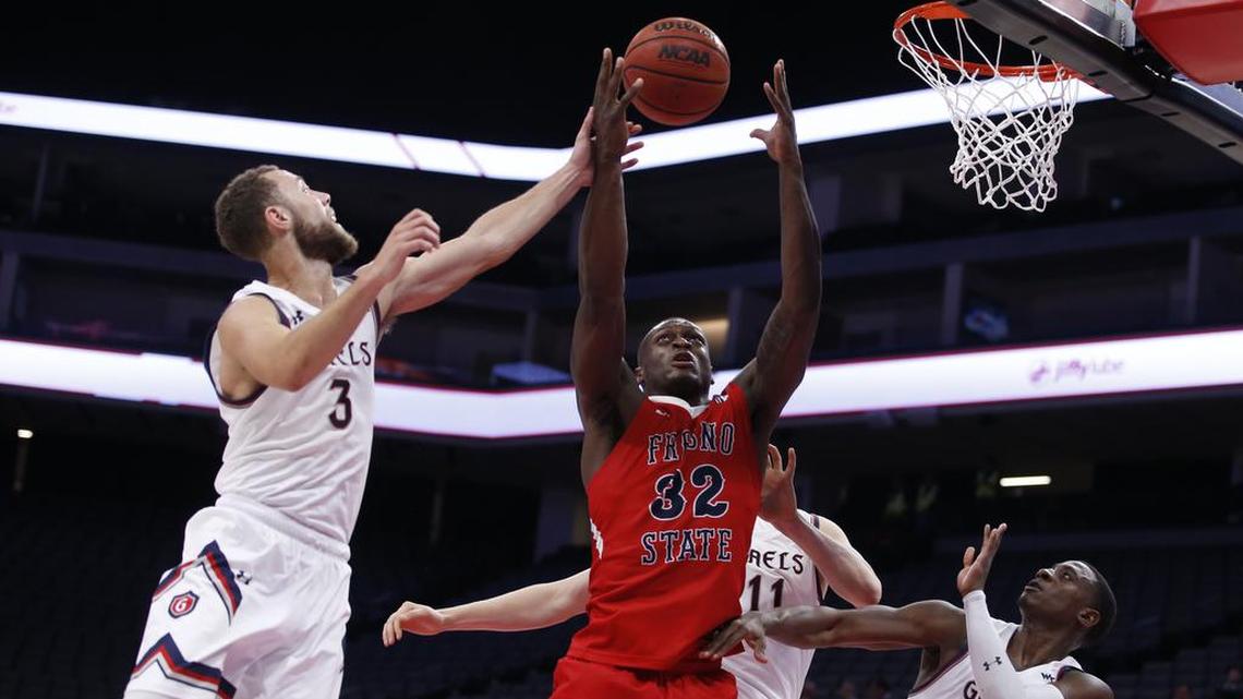 Fresno State forward Nate Grimes, pictured in action earlier this season, had seven points and 12 rebounds including seven at the offensive end in the Bulldogs’ 65-50 victory at Wyoming, Saturday, Jan. 18, 2020. It is the eighth time this season the senior forward has had 10 or more rebounds in a game.