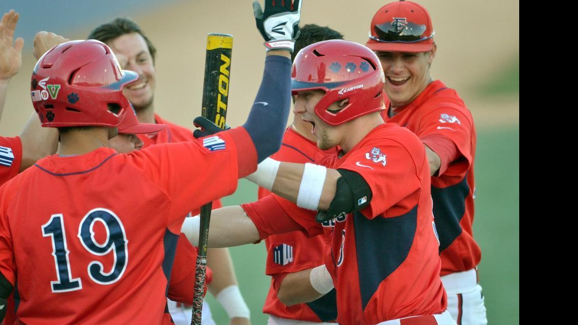 
Fresno State’s Taylor Ward celebrates after hitting a home run in the first inning against Nevada at Beiden Field on April 11, 2015. Ward on Monday, June 8, was selected in the first round of the MLB Draft by the Angels with the 26th overall pick.
