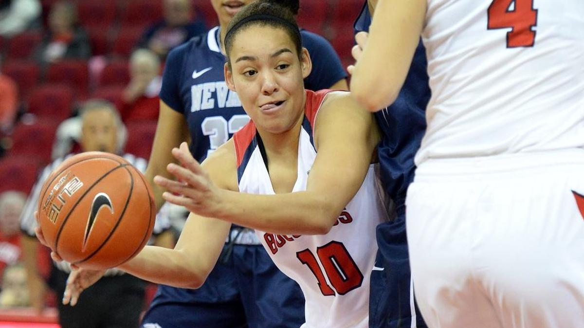 Fresno State’s Candice White tries to dish off a pass against Nevada during their game at the Save Mart Center on Jan. 21. In Las Vegas Friday, March 3, 2017, White was the Bulldogs’ leading scorer in a losing effort against the Rebels.