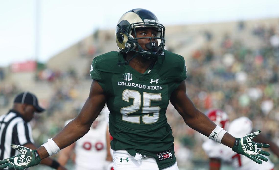 Colorado State running back Marvin Kinsey Jr. celebrates scoring a touchdown on a run against Fresno State in the Rams 37-0 victory over the Bulldogs Saturday, Nov. 5, 2016, in Fort Collins, Colo.