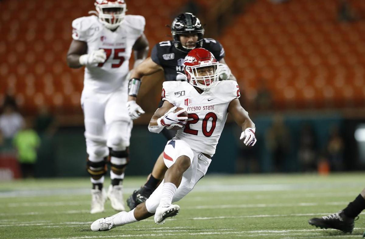 Fresno State running back Ronnie Rivers (20) rushed for 103 yards and two touchdowns in the Bulldogs’ 41-38 victory over the Hawaii Rainbow Warriors Saturday, Nov. 2, 2019, in Honolulu. Rivers, who rushed for 146 yards last week against Colorado State, has back-to-back games with 100 or more yards for the first time in his career.