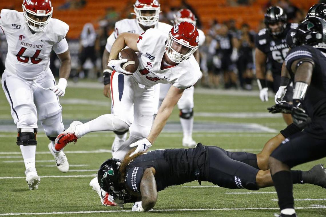 Fresno State tight end Jared Rice (16) matched a season high with four receptions in the Bulldogs 17-7 loss at San Diego State. Rice was the Bulldogs’ leading returning receiver this season with 55 catches in 2018, but has only 28 receptions this season.