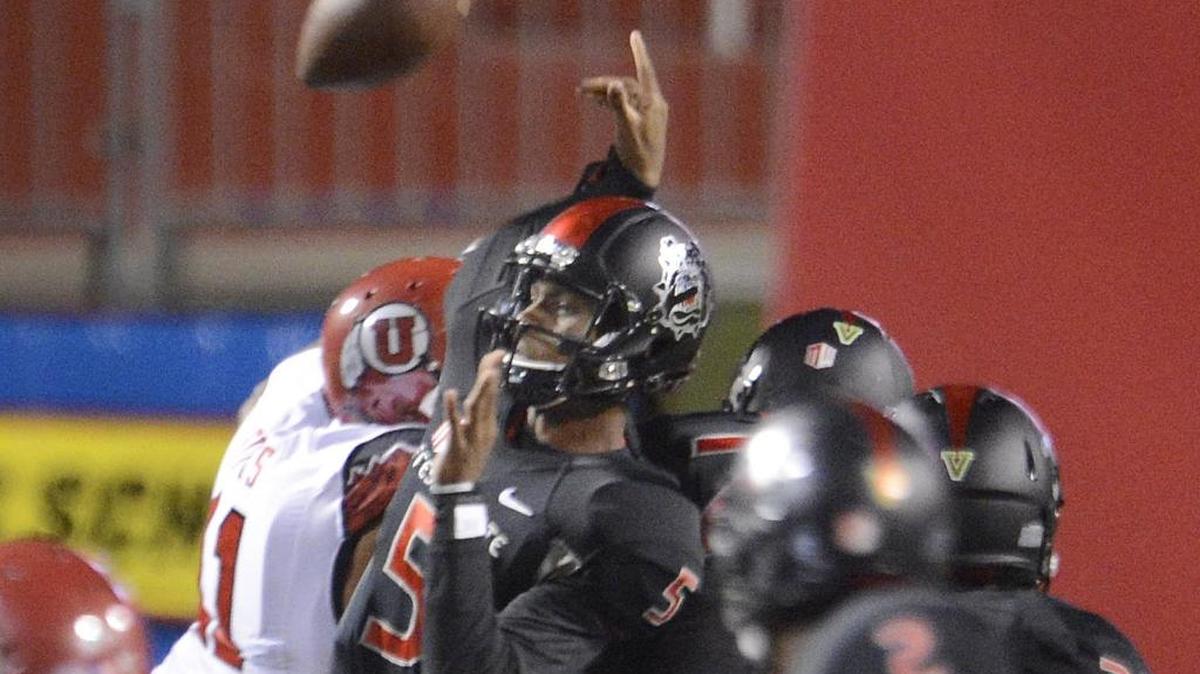 
Fresno State quarterback Chason Virgil was hit and fumbled the ball on this play in Saturday’s 45-24 loss to Utah. The fumble was recovered and returned for a touchdown by the Utes, one of their three returns for a score.
