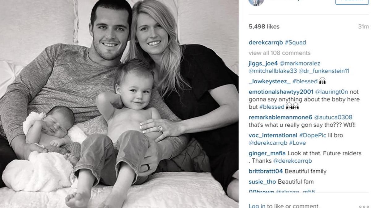 Oakland Raiders quarterback and former Fresno State star Derek Carr posted on Instagram a picture of his newly expanded family. Along with Derek and wife Heather, the photo shows son Dallas and newborn son Deker.