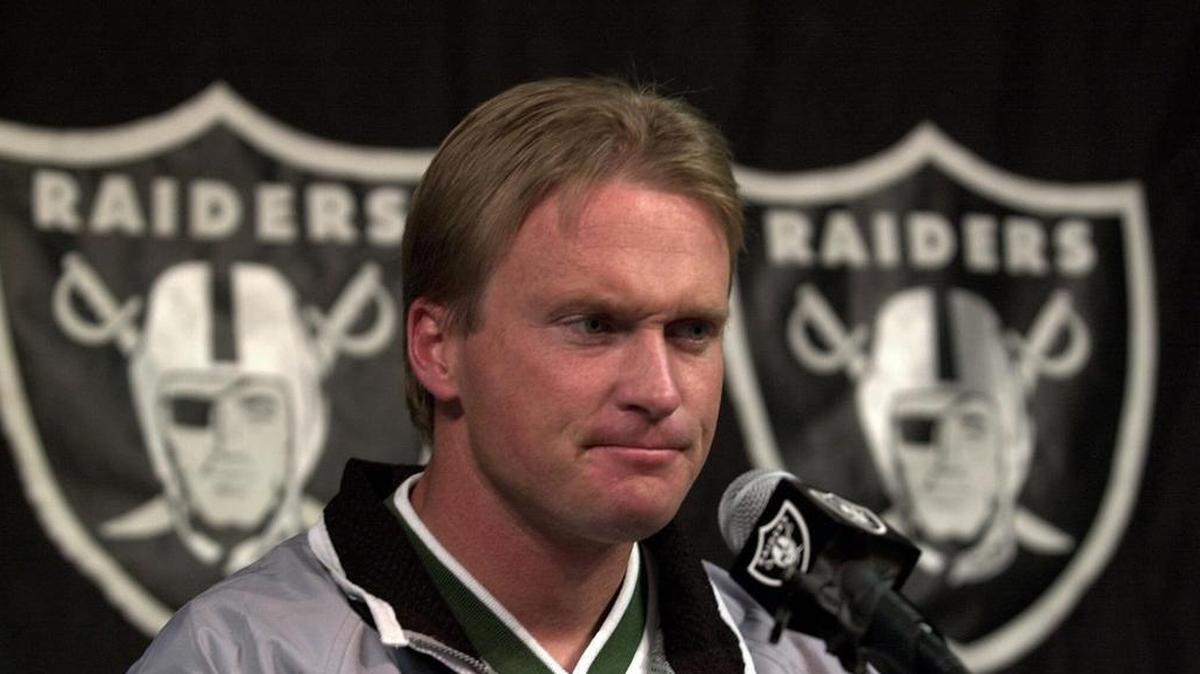 In this Jan. 14, 2001, file photo, then-Oakland Raiders’ coach Jon Gruden is shown during a press conference at Raiders headquarters in Alameda.