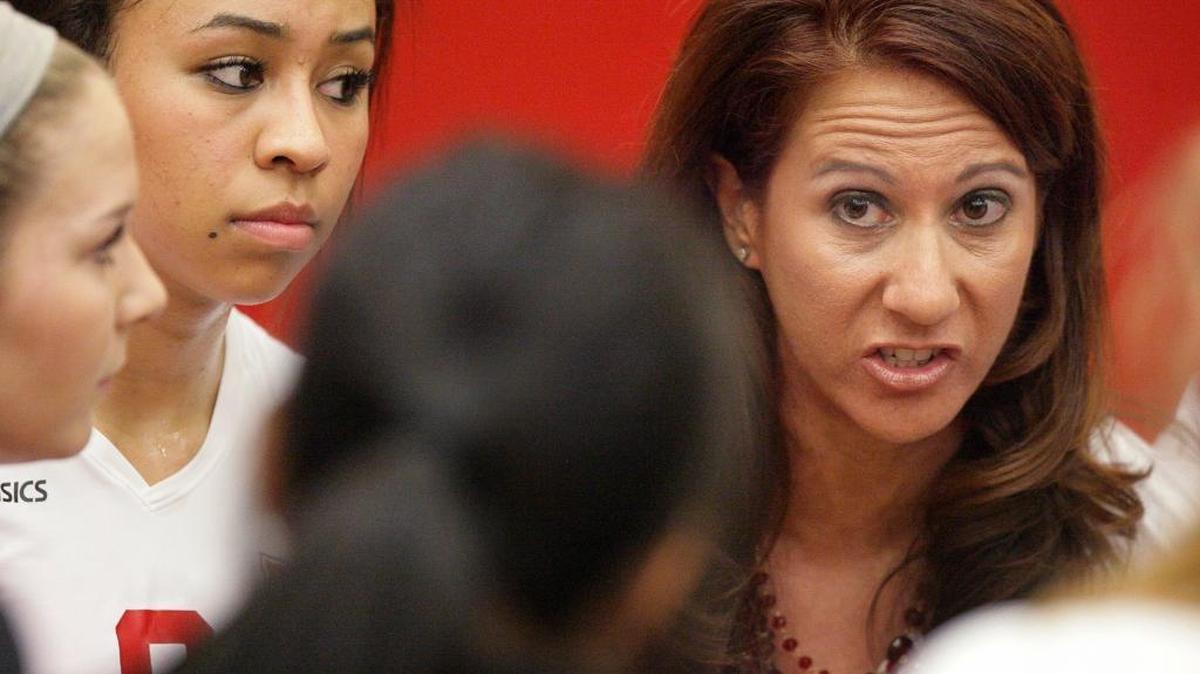 Fresno City College coach Tracy Ainger-Schulte talks with the team during a timeout in a third-round NorCal playoff match against Sierra on Nov. 27, 2012. Ainger-Schulte, who won Central Valley Conference titles in each of her nine seasons with the Rams, is returning to her alma mater as the new volleyball coach at Fresno Pacific.