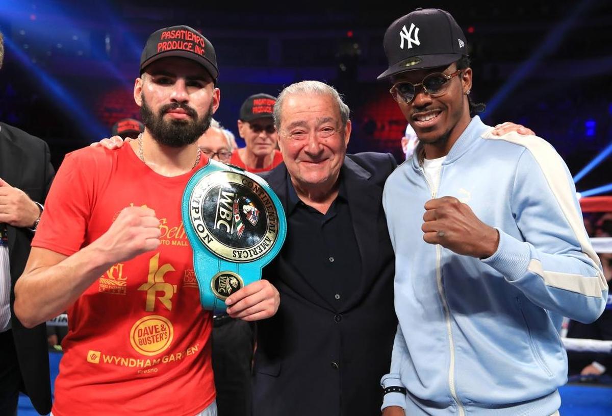 Jose Ramirez will face Amir Imam for the WBC world title at The Theater at Madison Square Garden in the main event of a Top Rank ESPN card on March 17, 2018. The fighters posed with promoter Bob Arum in the ring at the Save Mart Center after Ramirez won the main event Nov. 11. Imam also fought on the card.