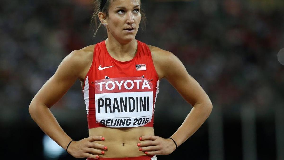 
Jenna Prandini looks at her time from Round 1of the women’s 200 meters at the World Championships.


