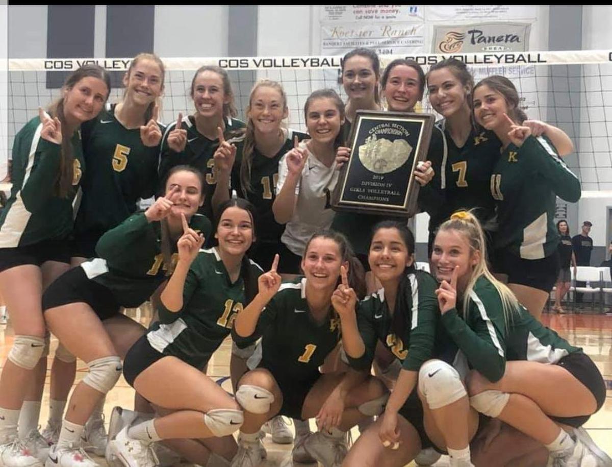 Kingsburg players celebrate their sweep over Sierra Pacific for the Central Section Division IV girls volleyball championship.