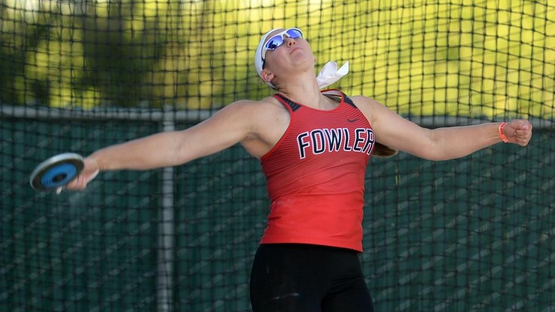 Fowler High’s Jocelynn Budwig throws in the discus final at the 2017 CIF State Track and Field Championships on Saturday, June 3, at Veterans Memorial Stadium. Budwig finished fourth, with a top mark of 162-10.