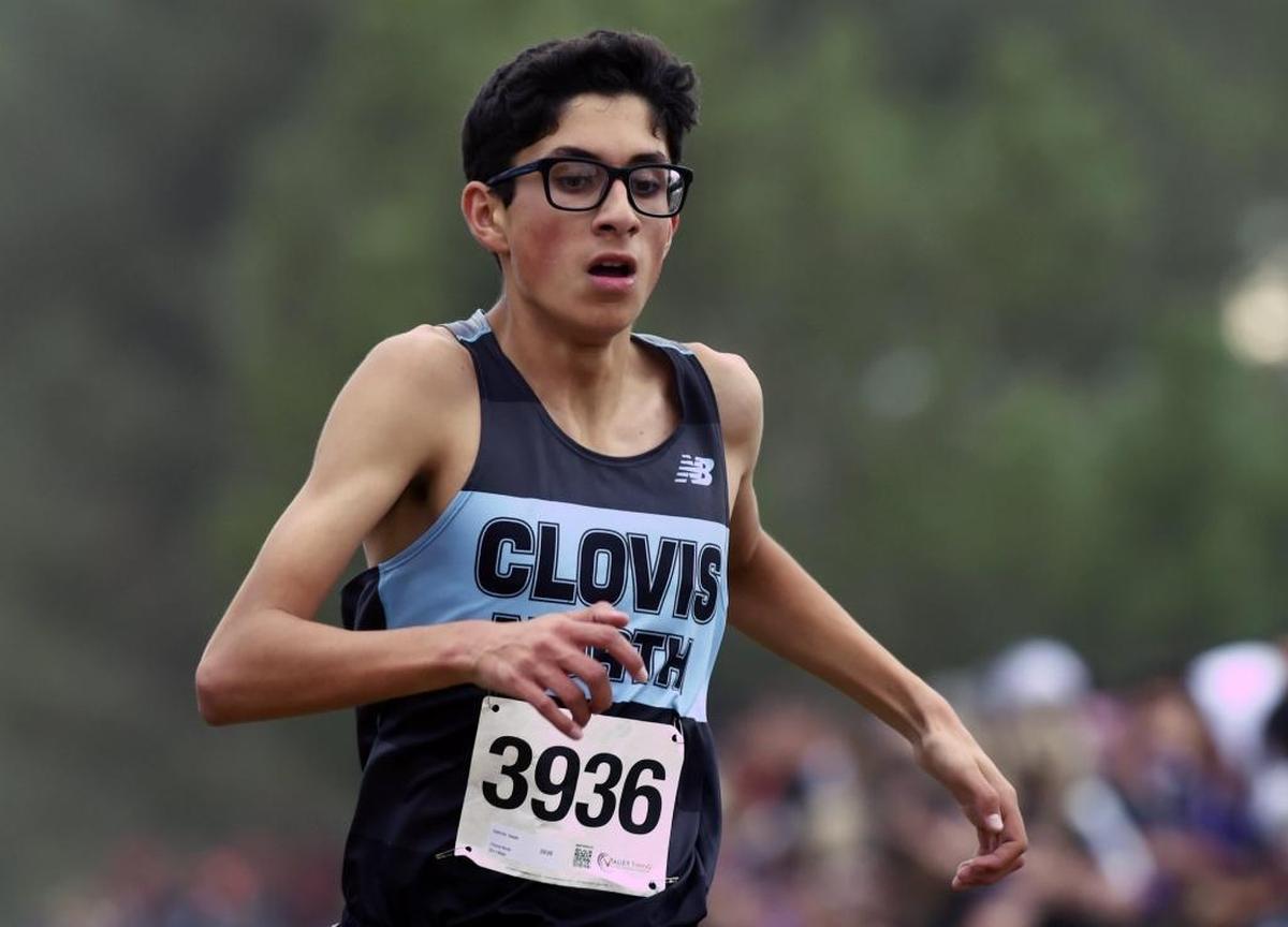 Clovis North High’s Isaiah Galindo finishes second in the Division I race at the CIF Central Section Cross Country Championships on Thursday, Nov. 16, 2017, at Woodward Park. Galindo was timed in 15:40.91, with Stockdale’s Marcus Mota winning in 15.30.51.