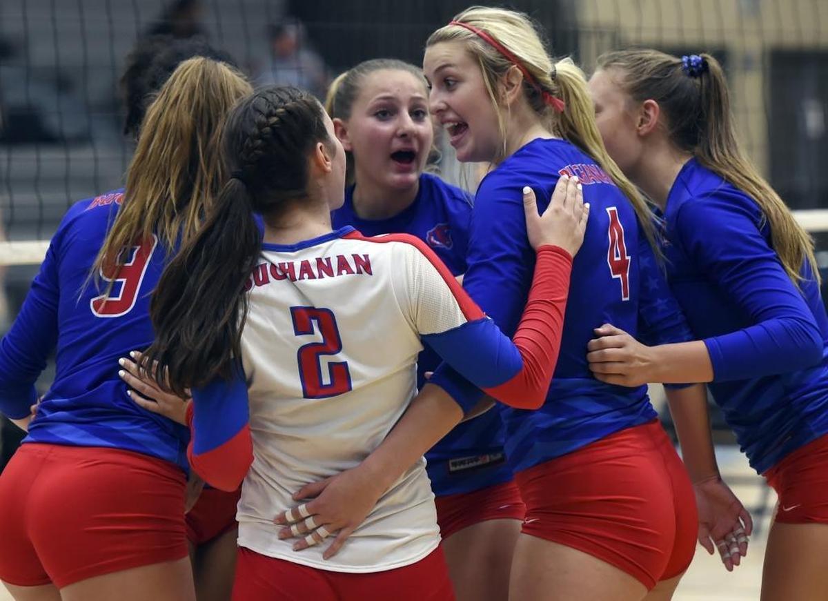 Buchanan celebrates another point against Garces in the second round of the Gold Bracket during the John Riding Memorial Hard Driven Volleyball Challenge held at Clovis North High School Saturday, Sept. 23, 2017 in Fresno.