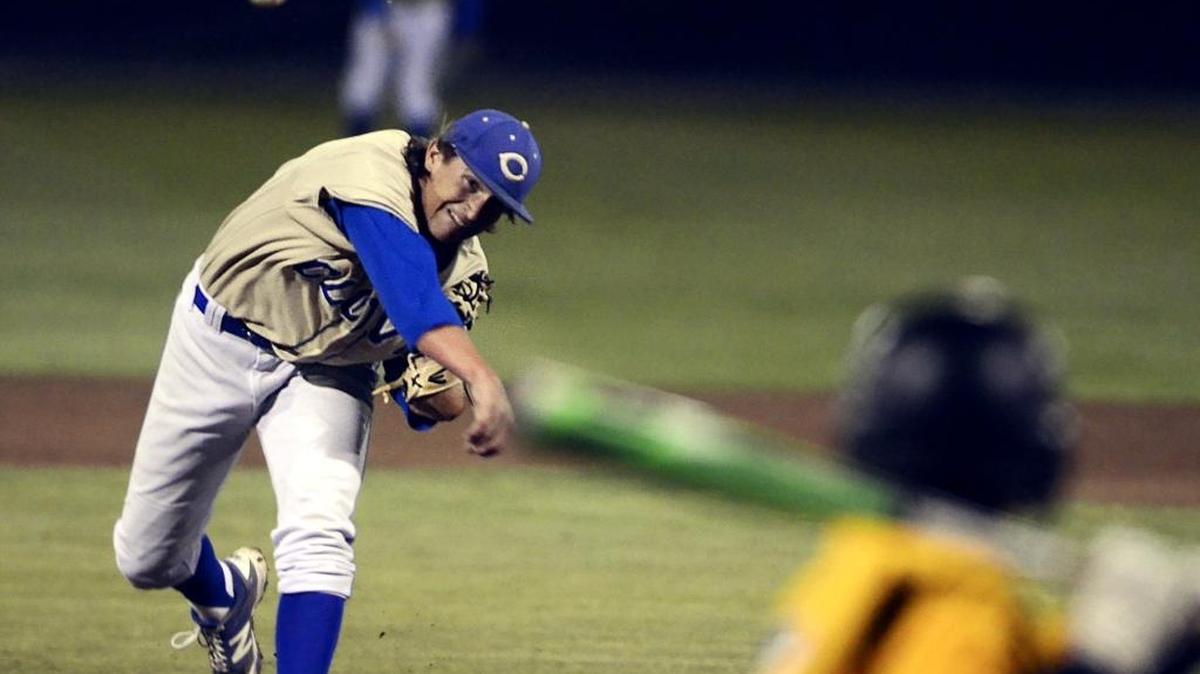 Clovis’ Chet Allison strikes out Edison’s McKay Romero during the championship game of the Fresno Easter Classic on Wednesday night. The Cougars, ranked No. 2 in the Central Section by The Bee, won 8-0 to move to 16-0. Allison gave up just one hit and struck out eight in six innings.