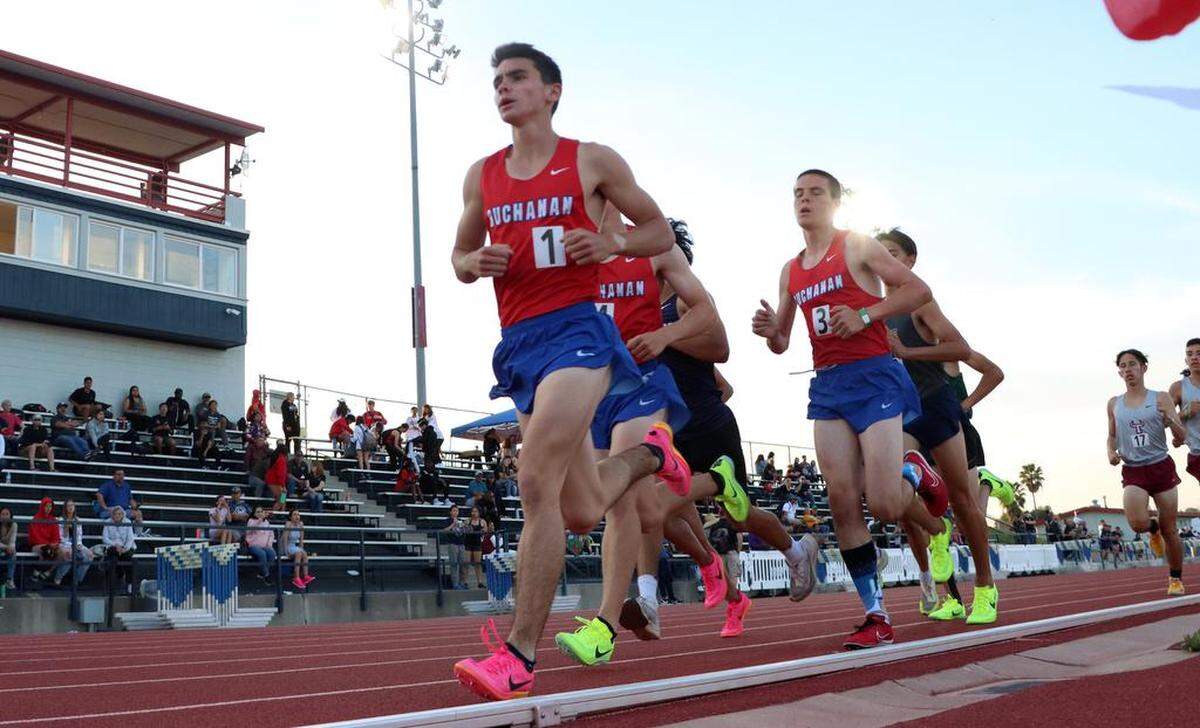Buchanan High sophomore Luke Sanders won the boys 3,200-meter race in 9:27.38 at the Sanger Metric Classic on April 21, 2023. Clovis East sophomore Mark McAleenan was third in 9:36.53.