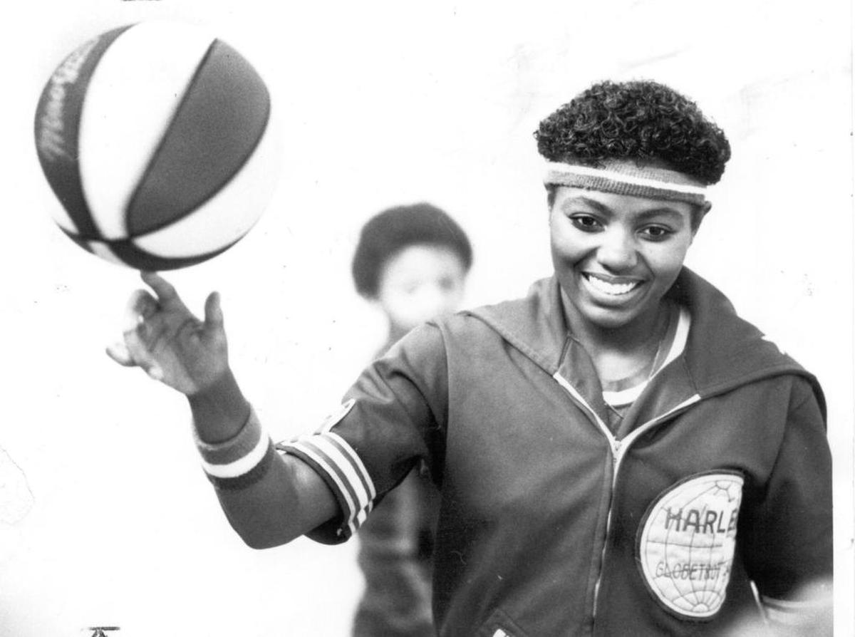 Jackie White makes a Fresno appearance with the Harlem Globetrotters in January 1987.